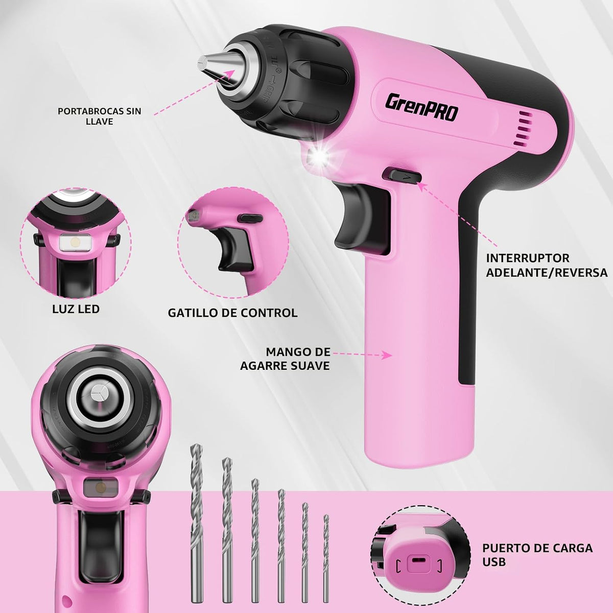Juego de herramientas de taladro inalámbrico rosa de 188 piezas para mujer, kit de herramientas para caja casera