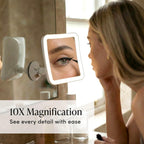 Espejo de aumento Fancii 10 x para maquillaje, con luz LED, espejo cosmético de viaje, compacto, inalámbrico, succión de bloqueo, 6.5 pulgadas, rotación 360 grados, espejo baño iluminado portátil (cuadrado)