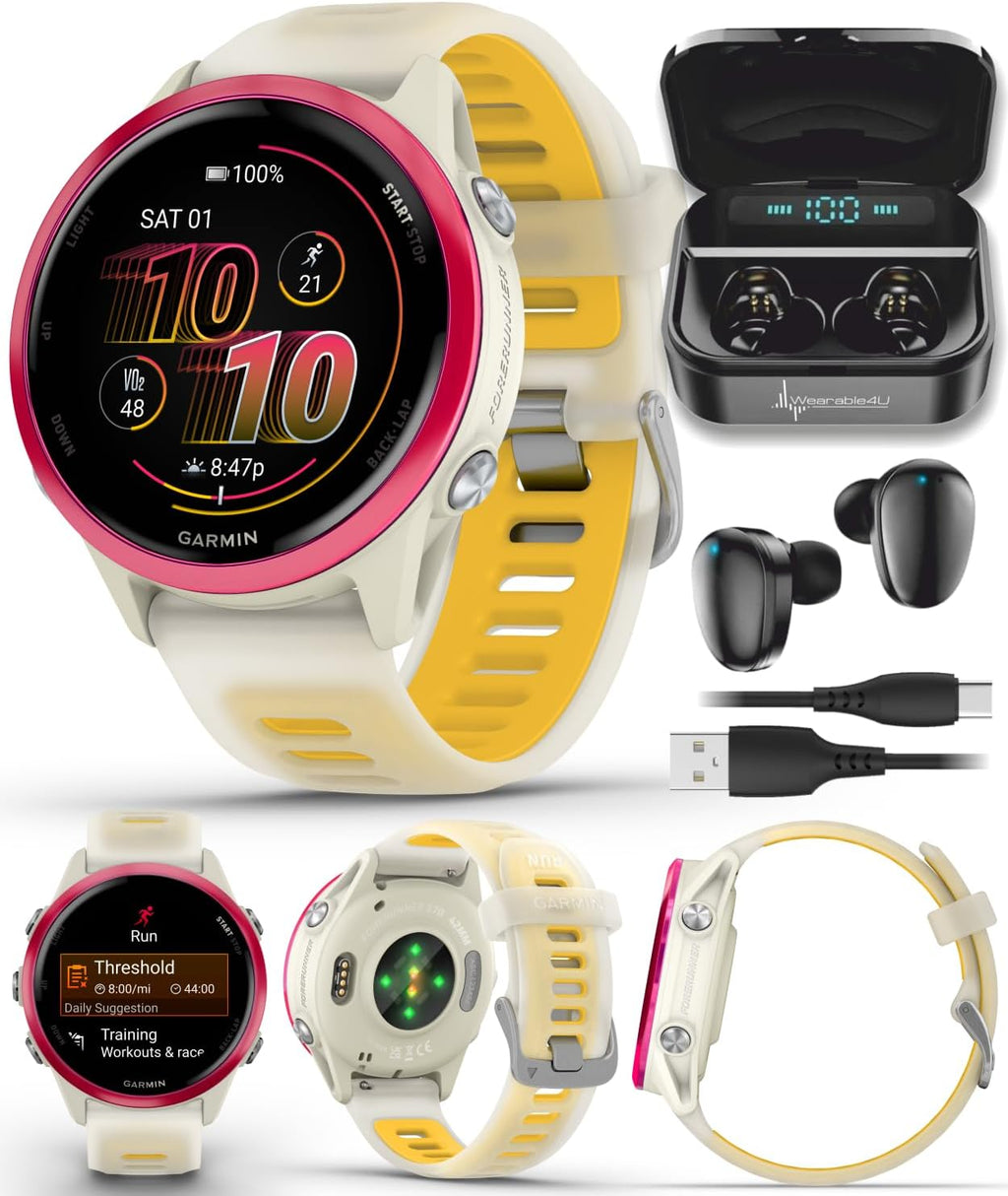 Garmin Forerunner 570 42mm Reloj inteligente avanzado GPS para correr y triatlón con pantalla AMOLED, funciones de entrenamiento y recuperación, aluminio frambuesa con banda translúcida hueso/mango