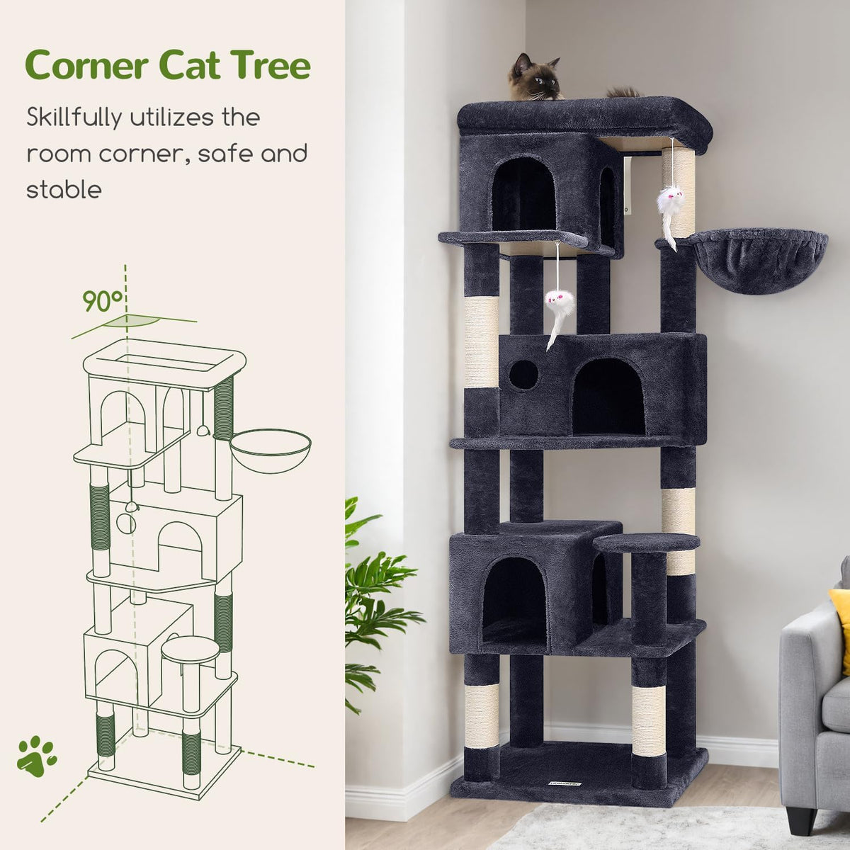 Globlazer Árbol de gato de esquina de 66 pulgadas, torre de escalada de varios niveles para gatitos, condominios para gatos, torre de rascado para gatos de interior para varios gatos con plataforma