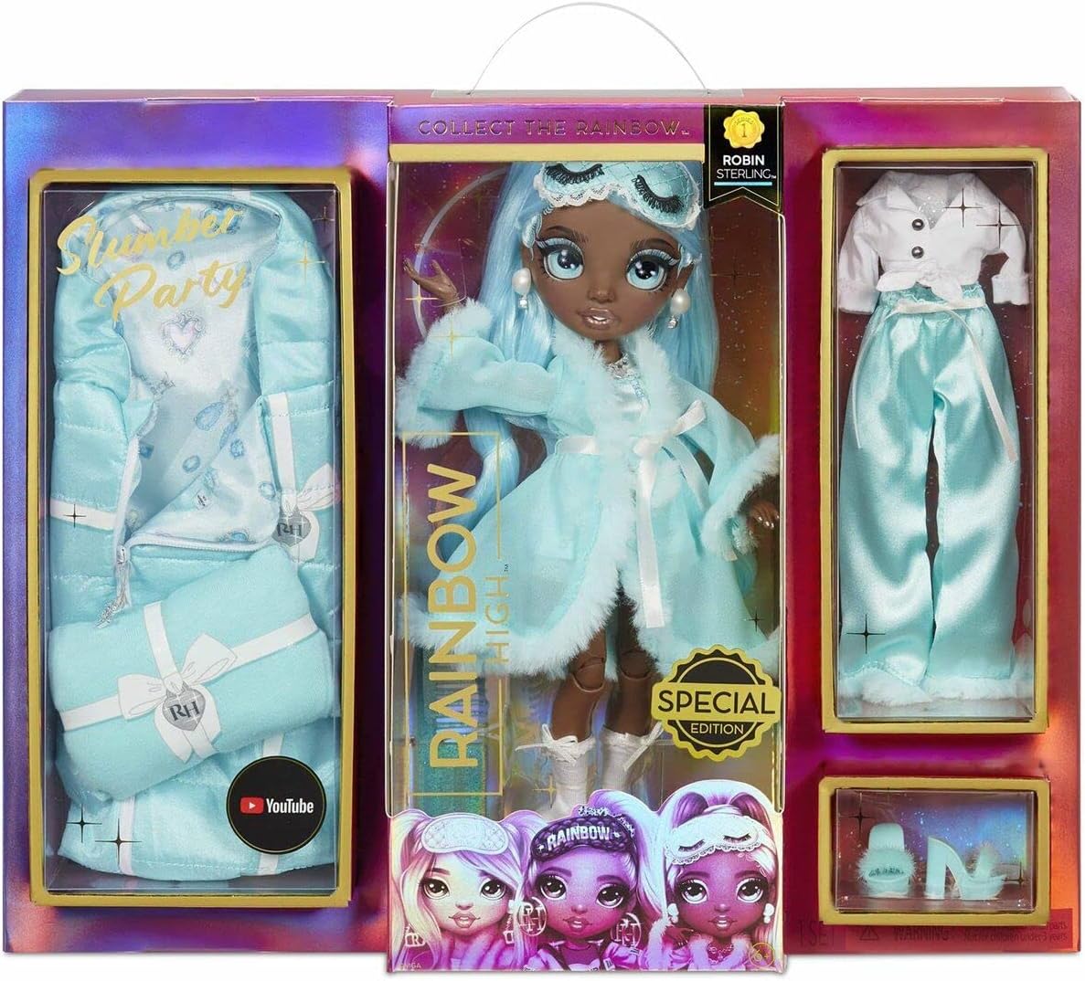 Rainbow High Conjunto de muñeca y juego de fiesta de pijamas con 2 trajes a elegir entre Brianna Dulce, Marisa Golding, Robin Sterling (Robin Sterling)