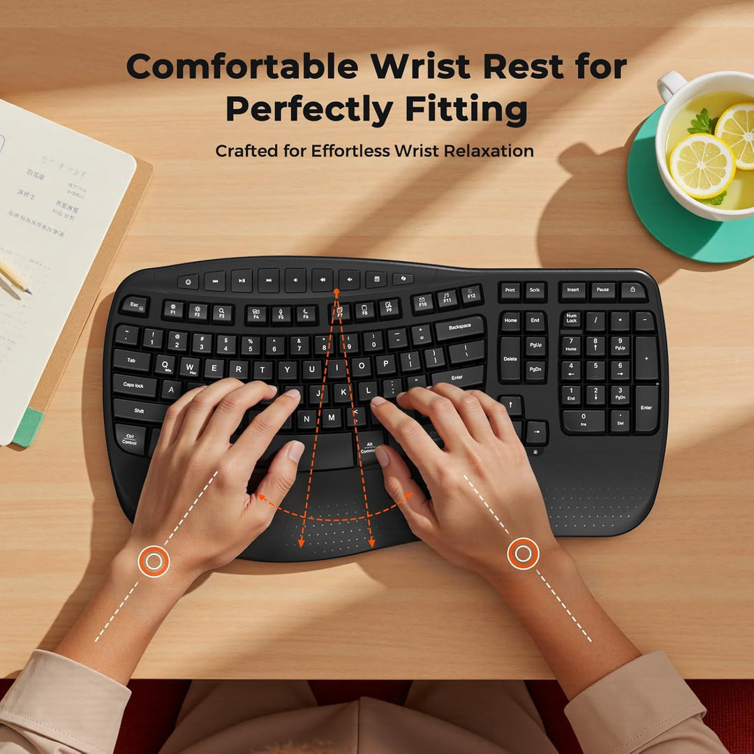 MEETION Teclado ergonómico inalámbrico, teclas onduladas, reposamuñ...