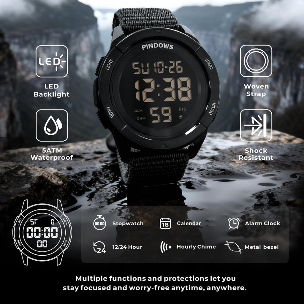 PINDOWS Reloj deportivo digital para hombre, reloj de pulsera táctico militar de cara grande para hombres, resistente al agua hasta 164.0 ft, retroiluminación LED, alarma, cronómetro, reloj resistente