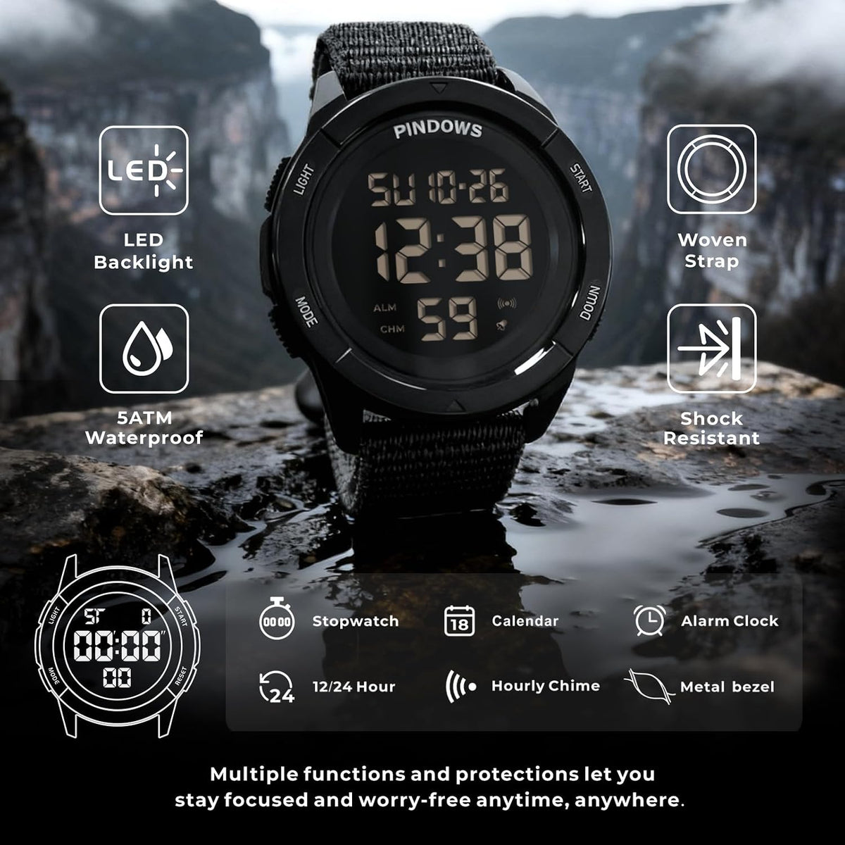 PINDOWS Reloj deportivo digital para hombre, reloj de pulsera táctico militar de cara grande para hombres, resistente al agua hasta 164.0 ft, retroiluminación LED, alarma, cronómetro, reloj resistente