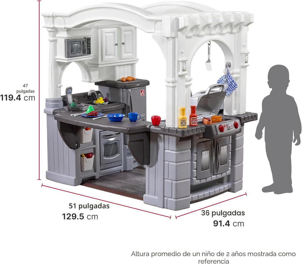 Step2 Grand Walk-in - Juego de cocina y parrilla para niños, cocineta para interiores y exteriores, juego interactivo con luces y sonidos, plástico duradero, accesorios de juguete de 103 piezas, niños