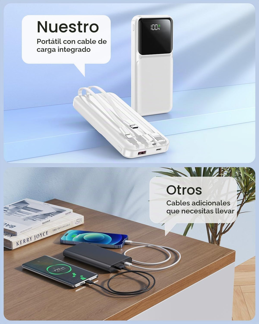 Cargador portátil con cable integrado - Carga rápida de 22.5W, banc...