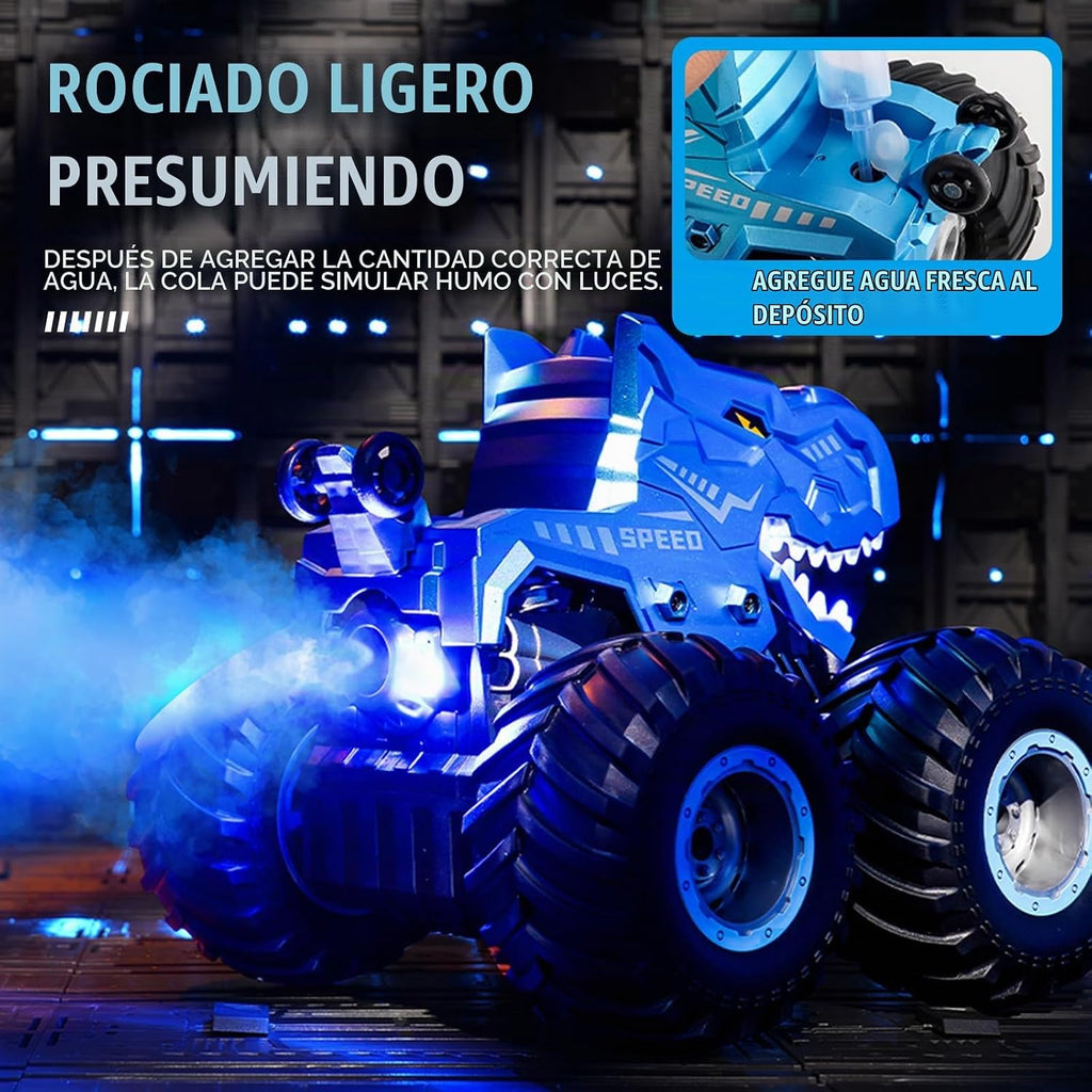 pinkking Monster Truck Juguetes Camión RC Dinosaurio, control remoto con luz y rociador, juguetes RC de dinosaurio para niños, giros de 360° y vehículo monstruo a la deriva con carga Tipo-C para