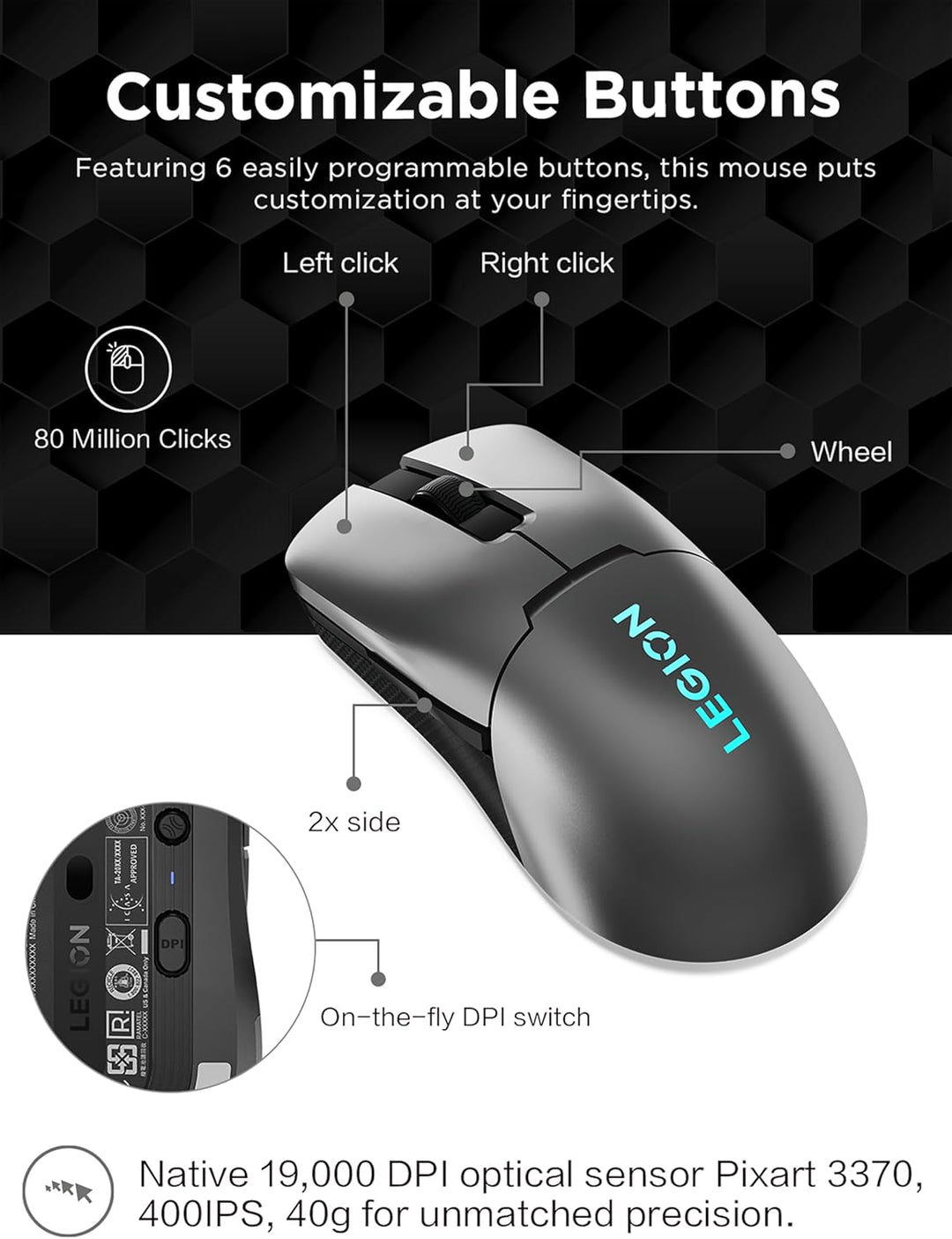 Lenovo Legion M600s RGB - Mouse inalámbrico para juegos, 19,000 DPI...