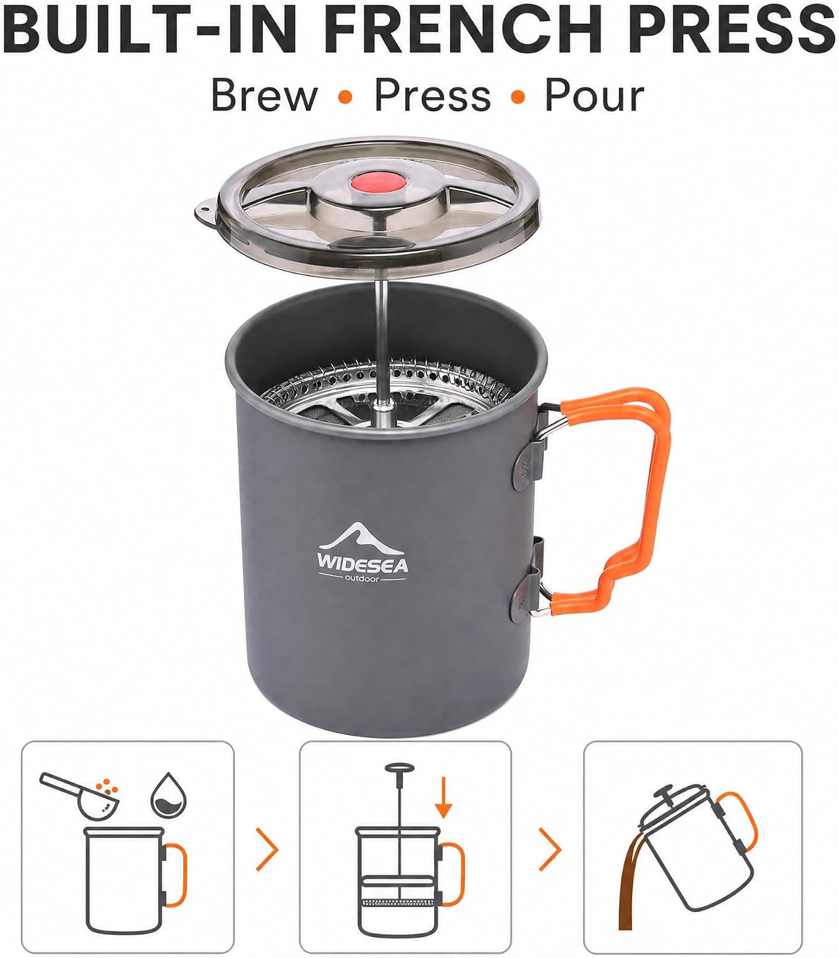 widesea Cafetera de camping de 25.4 fl oz, cafetera de prensa francesa, olla ligera para mochileros con mango plegable para camping, senderismo, cocción al fuego
