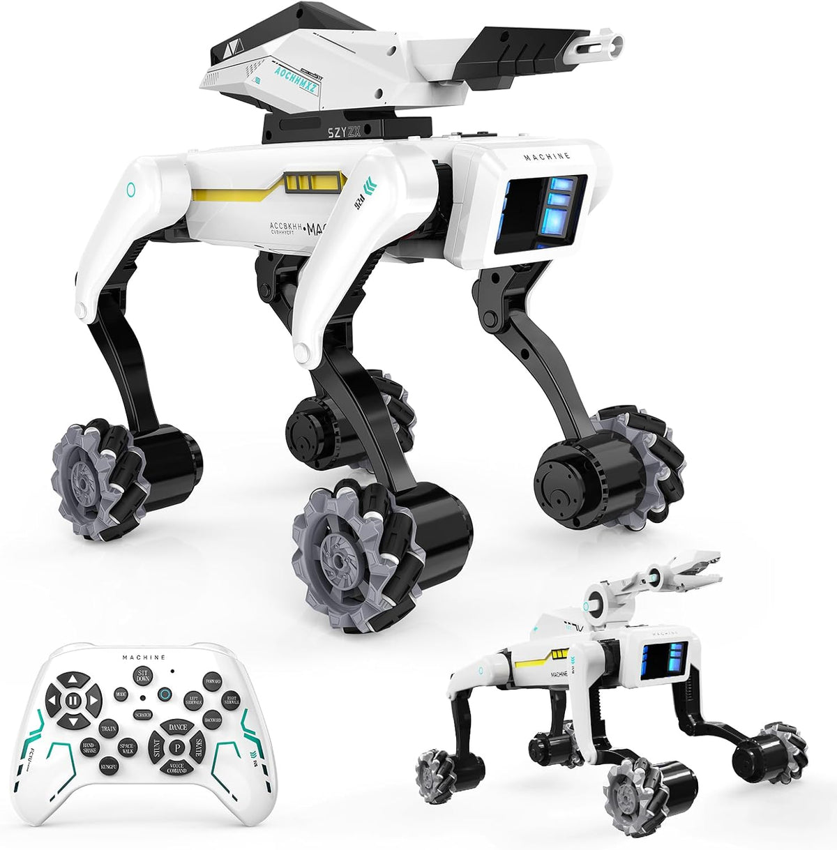 Kit de perro robot 3 en 1 con ruedas, más de 30 acciones biónicas, control de voz y control remoto, movimientos programables, batería recargable, juguete para mascotas todo terreno para niños (garra y cañón extraíbles)