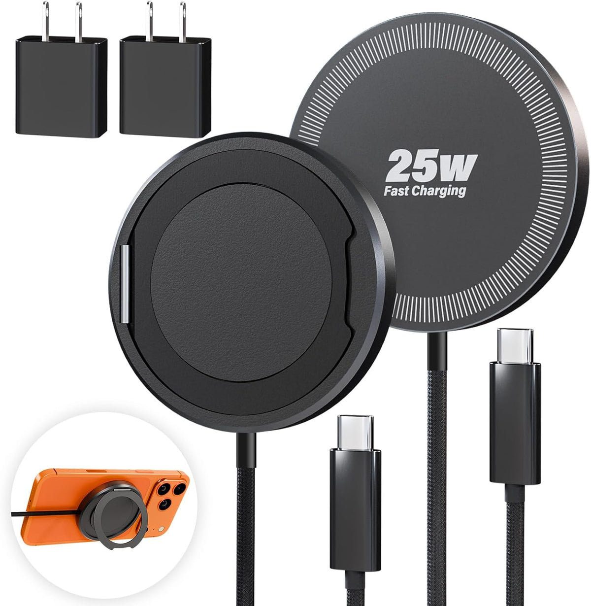 Paquete de 2 cargadores magnéticos inalámbricos para iPhone, cargador rápido para teléfono con soporte, almohadilla de carga rápida de teléfono de 6 pies y 25 W, carga magnética inalámbrica para