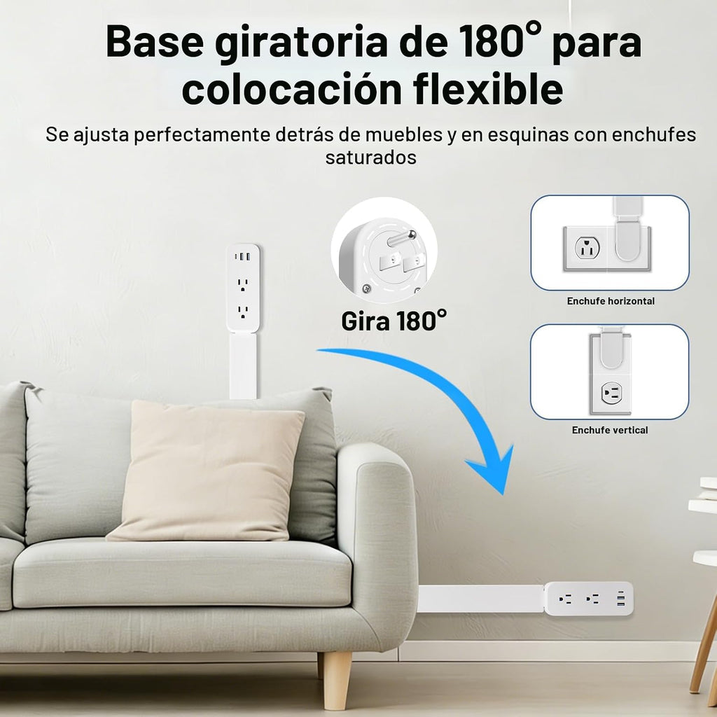 Extensor de tomacorriente: cuenta con USB-A, USB-C y 2 salidas de CA, se extiende de 22 a 34 pulgadas, gira 180° de acceso a tomas de corriente difíciles de alcanzar, enchufes de pared, mesitas de