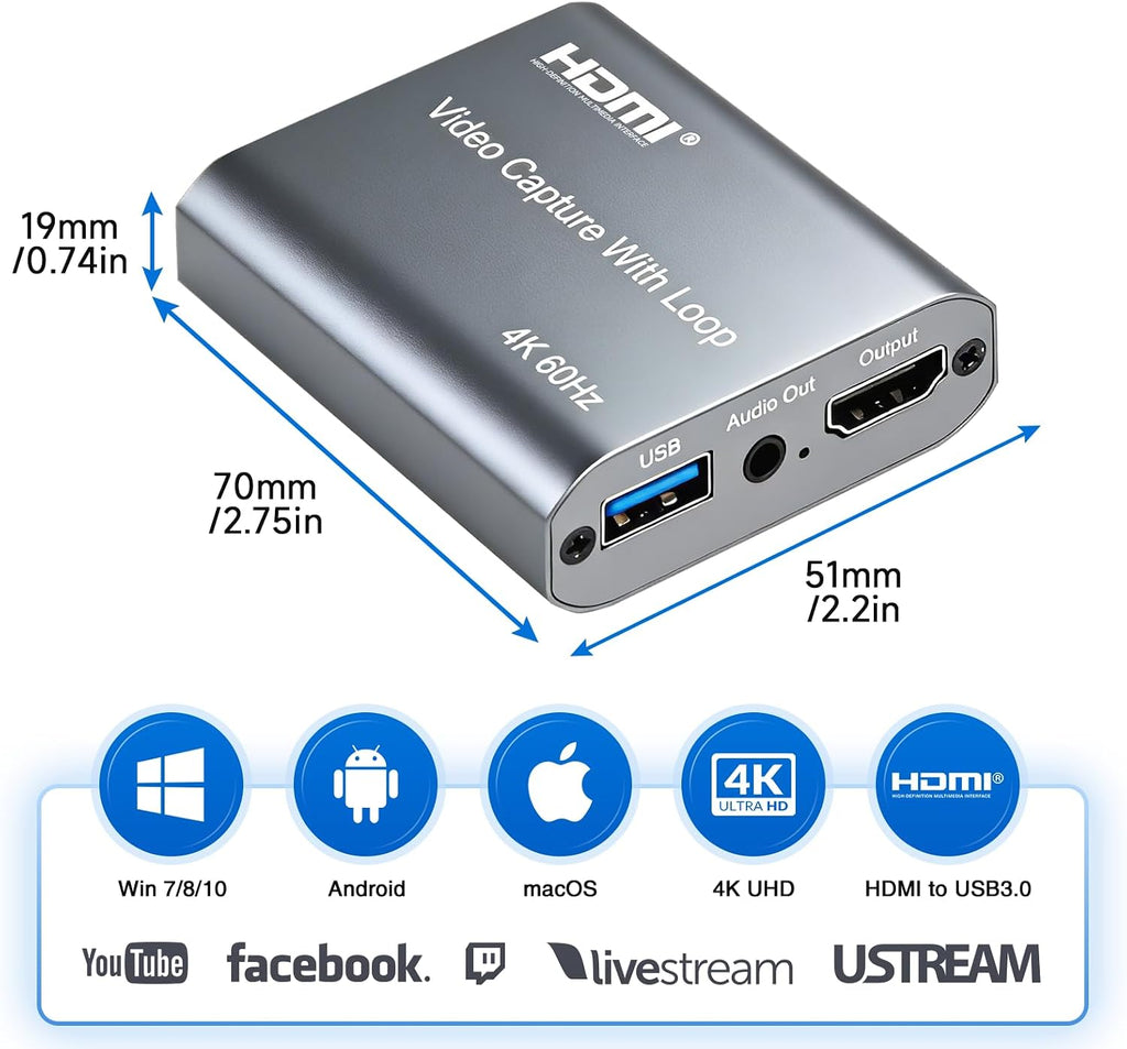 Tarjeta de captura HDMI USB 3.0 con entrada y bucle 4K60, captura de juegos de latencia ultra baja 1080P60 para transmisión, Plug & Play con entrada de micrófono/audio, compatible con PS5/Xbox/Switch/PC/OBS