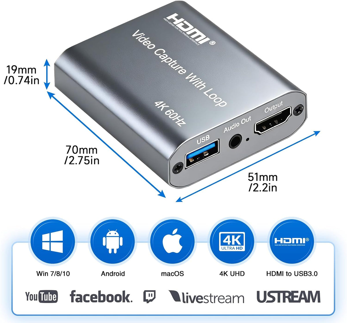 Tarjeta de captura HDMI USB 3.0 con entrada y bucle 4K60, captura de juegos de latencia ultra baja 1080P60 para transmisión, Plug & Play con entrada de micrófono/audio, compatible con PS5/Xbox/Switch/PC/OBS
