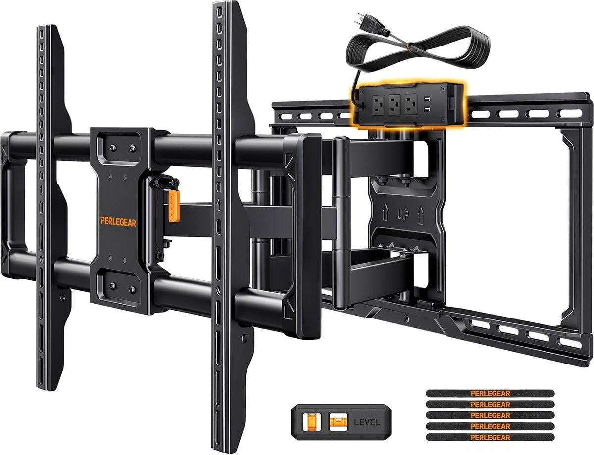 Perlegear - Soporte de pared para TV de movimiento completo con regleta de enchufes para televisores de 42–90 pulgadas hasta 68 kg, soporte de TV preensamblado con giro suave, inclinación, extensión