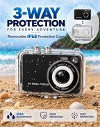 Cámara digital de 50 MP, cámara de vlogging 4K con funda impermeable IP68, zoom 16X, cámara de enfoque automático de 32 filtros para niños, para viajes, niños y adolescentes