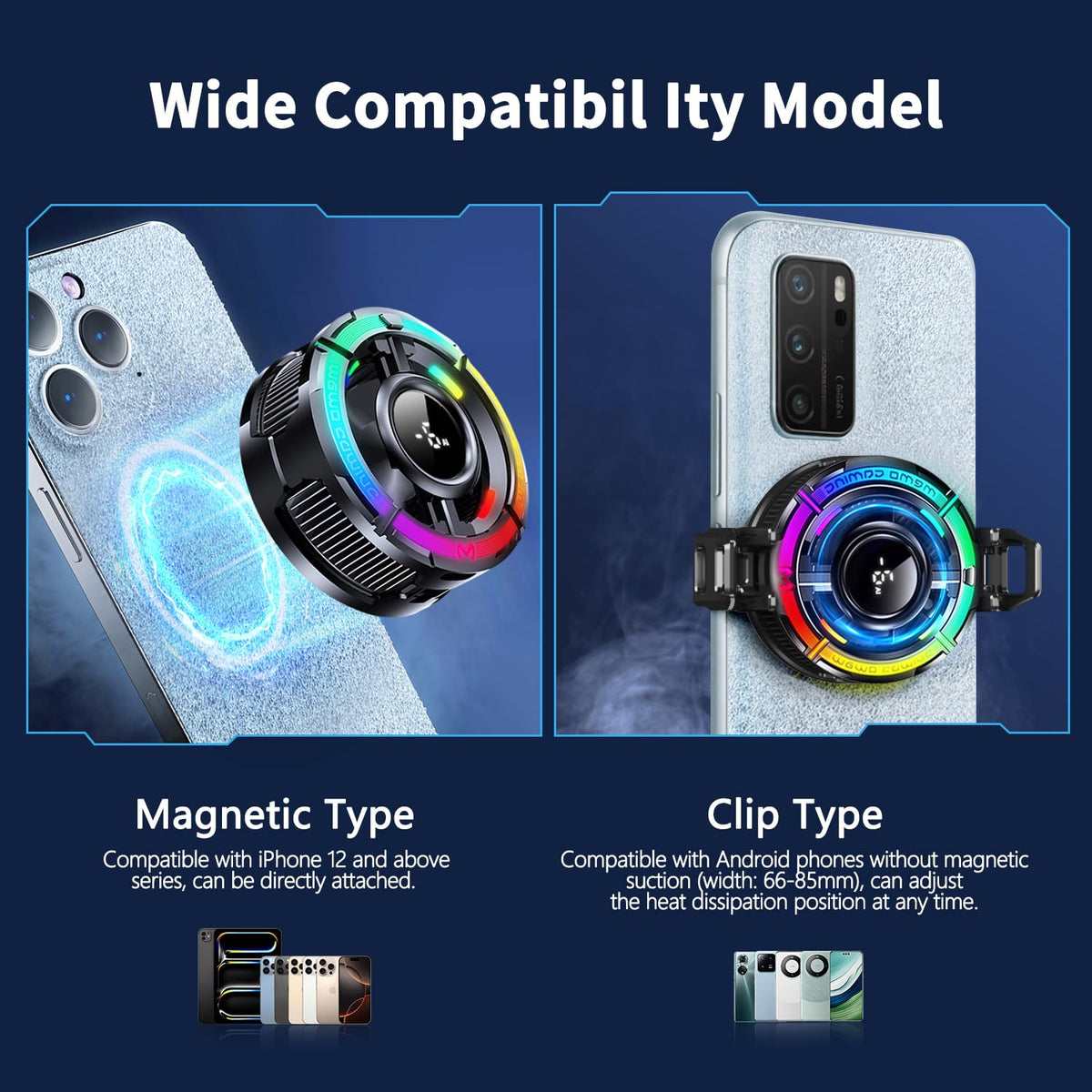 Mag-Safe - Enfriador de teléfono para juegos, ventilador de refrigeración de iPhone celular para clima cálido, enfriador móvil RGB portátil para funda celular, ventilador para teléfono, iPad, mantener el teléfono fresco, para iPhone/teléfono de la serie