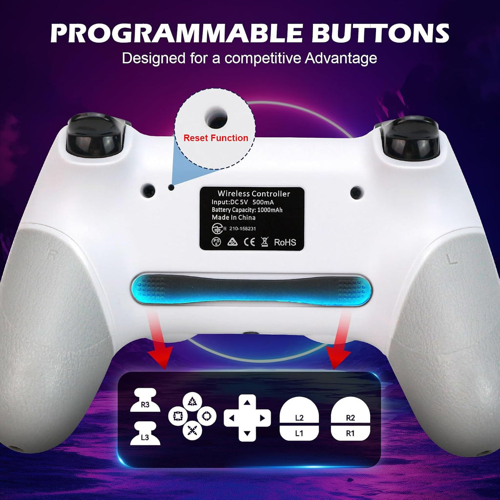 Paquete de 2 controles para PS4 con tapones para joysticks, control inalámbrico con botones traseros programables para PS4/Pro/Slim/PC, batería de 1000mAh/vibración dual/joystick con efecto Hall/panel táctil/giroscopio de 6 ejes/entrada de 3.5 mm