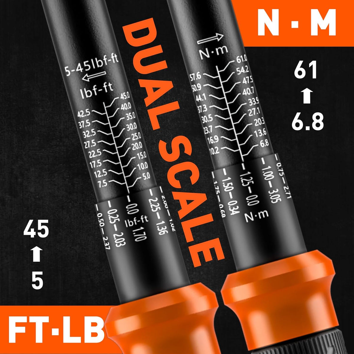HORUSDY Juego de 5 llaves dinamométricas de 3/8" (5–45 ft-lb/ 6.8–61 Nm) – Llave dinamométrica de accionamiento de 3/8" con extensión de 3", adaptadores de 3/8" a 1/4" y de 3/8" a 1/2", estuche para