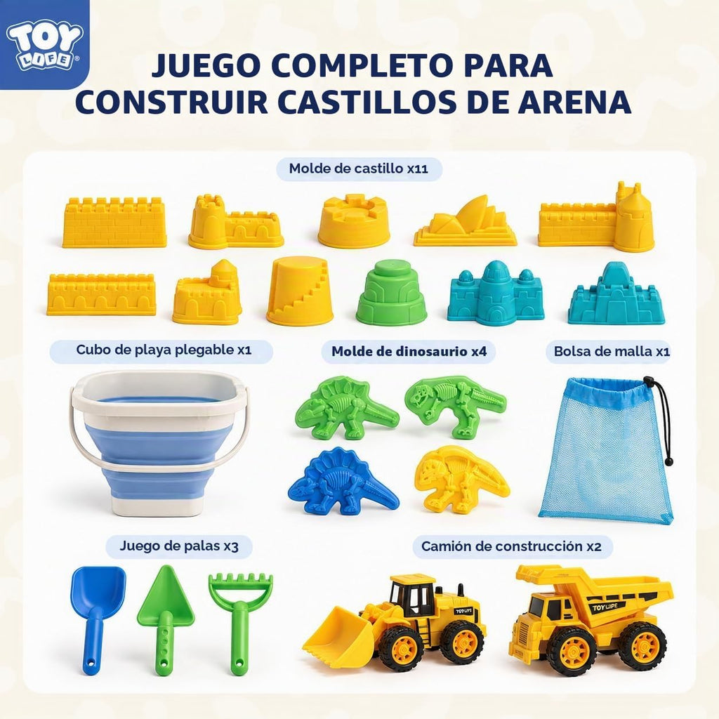 TOY Life Juego de arena de playa de dinosaurio de 22 piezas, 2 autos de