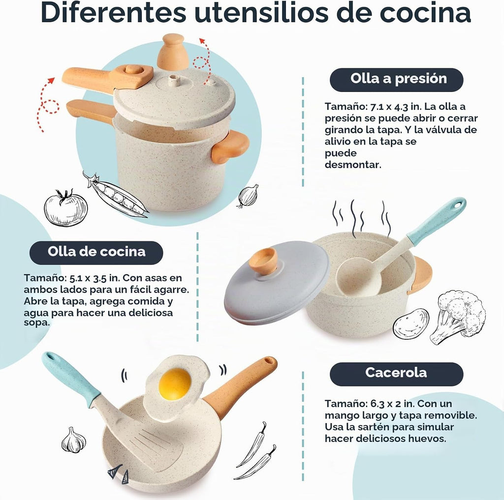 Play Kitchen Pots y Pans Set, Pretend Play Utensils Accessories
