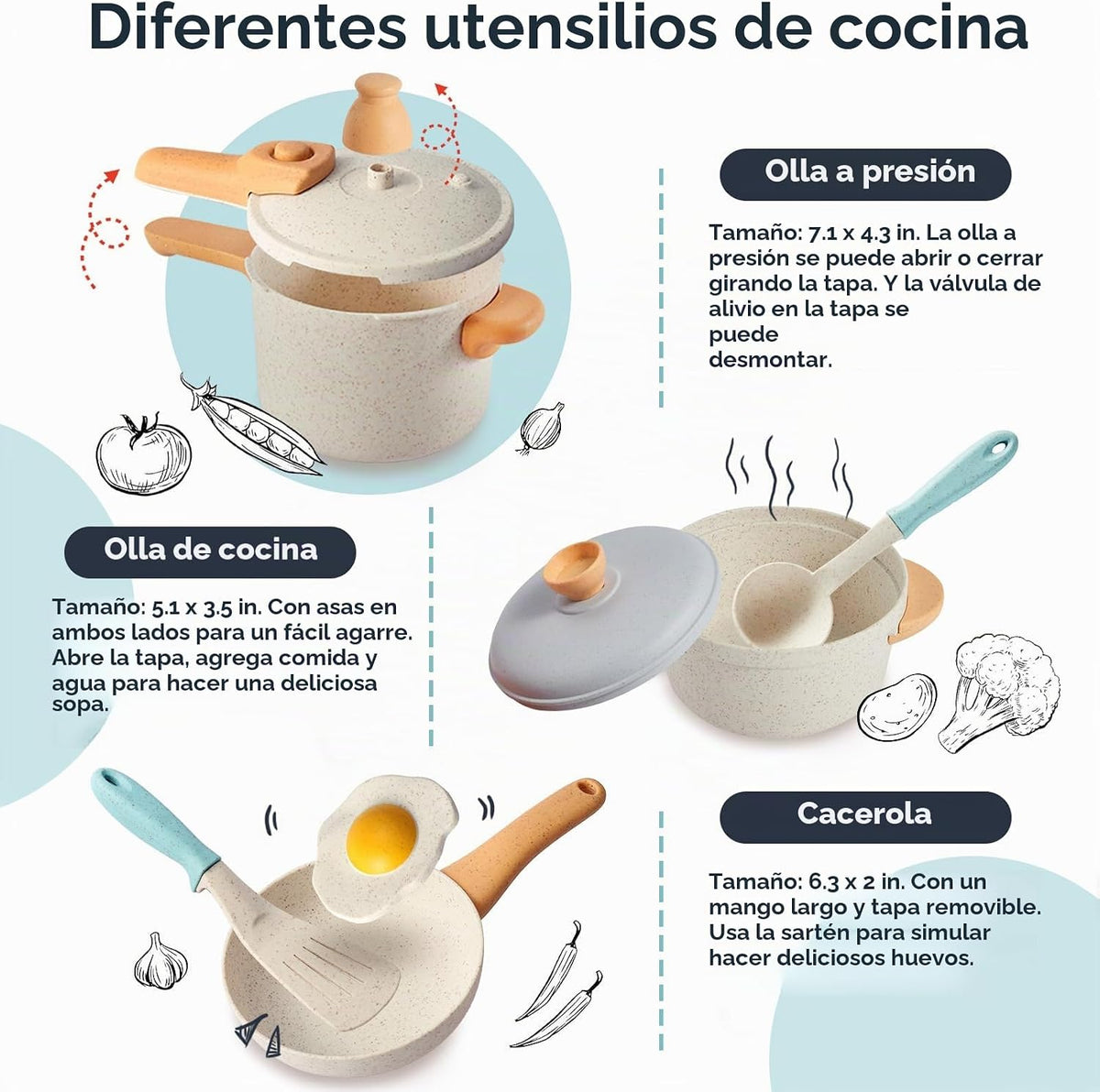 Play Kitchen Pots y Pans Set, Pretend Play Utensils Accessories
