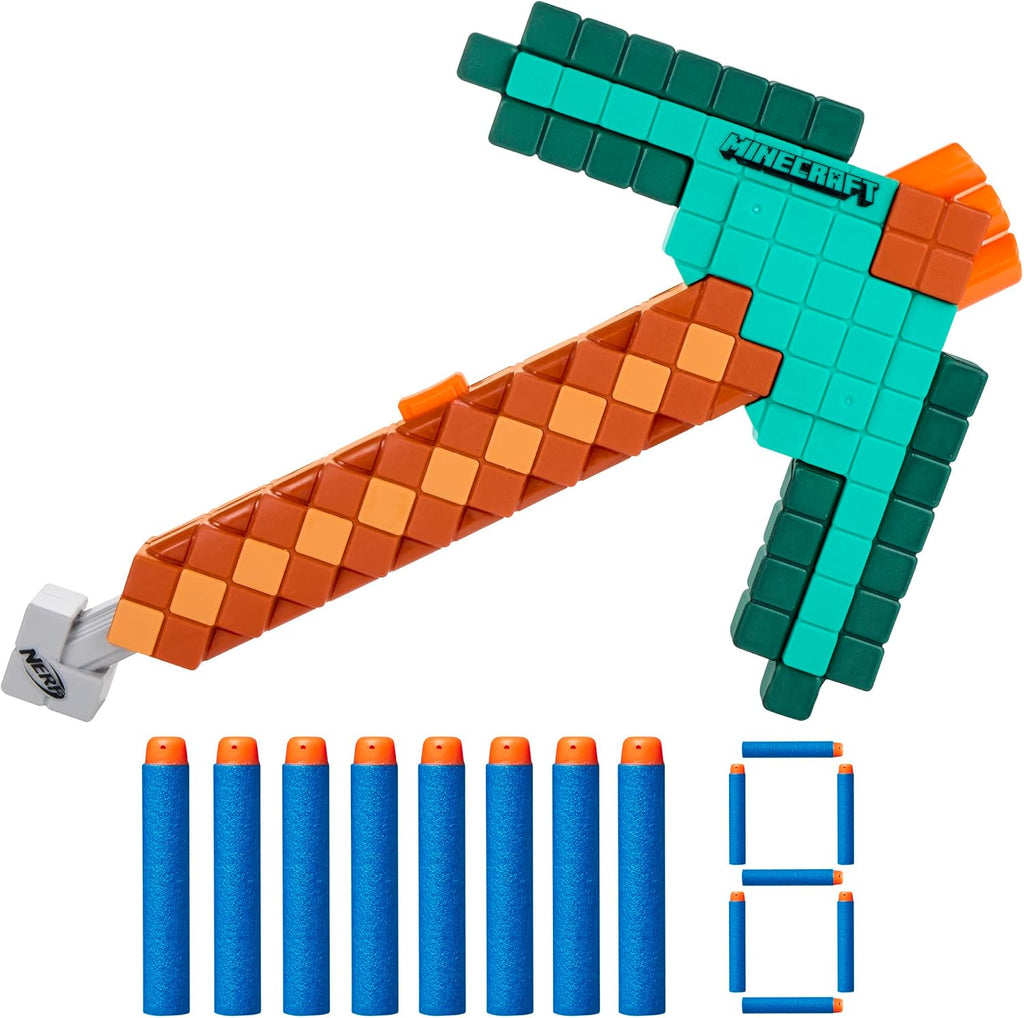 Nerf Minecraft Diamond Pickaxe Dart Blaster, imprimación de tirar, cabeza de espuma, 8 dardos Nerf Elite, a partir de 8 años