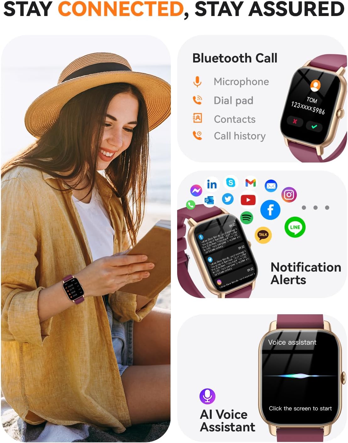 Relojes inteligentes para hombres y mujeres, rastreador de actividad física con contador de actividad/monitor de sueño, reloj inteligente impermeable IP68 para Android iPhone iOS compatible (borgoña profundo, 1.83)
