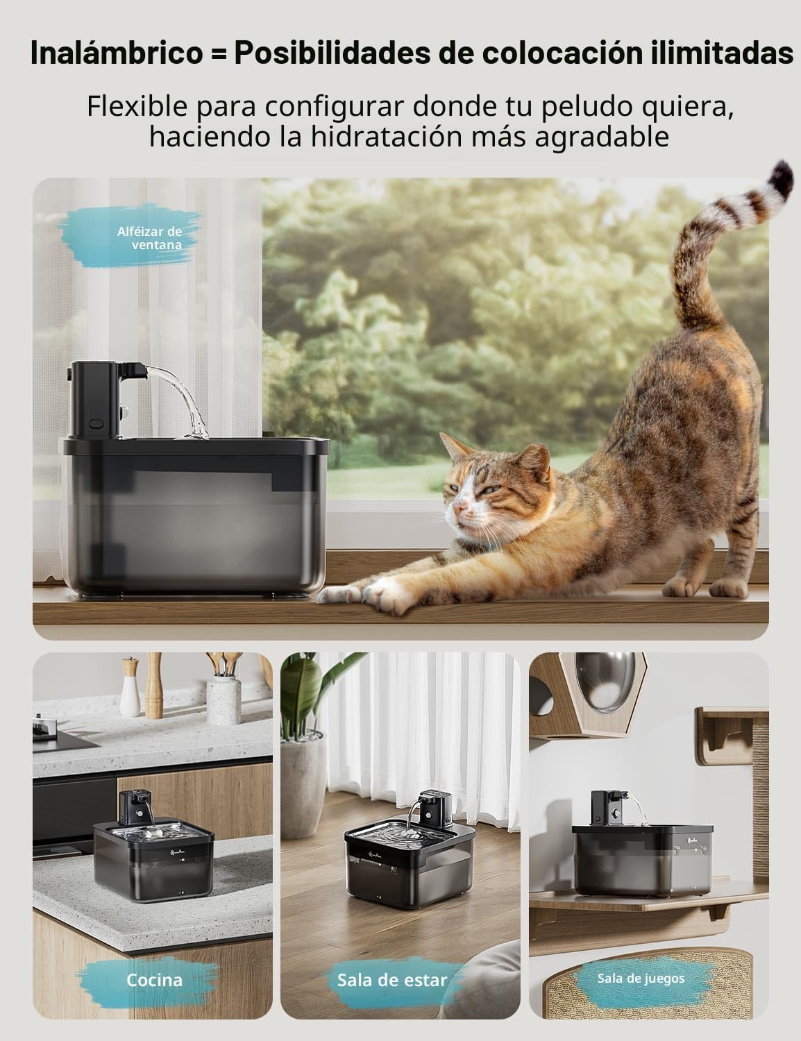 DownyPaws Fuente de agua para gatos sin cable, fuente para mascotas, 84 oz