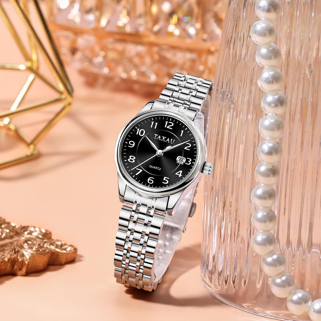 Reloj de Mujer Elegante Impermeable con Fecha Números Árabes Grandes Analógico Cuarzo Bicolor Acero Inoxidable Reloj de Muñeca Pequeña