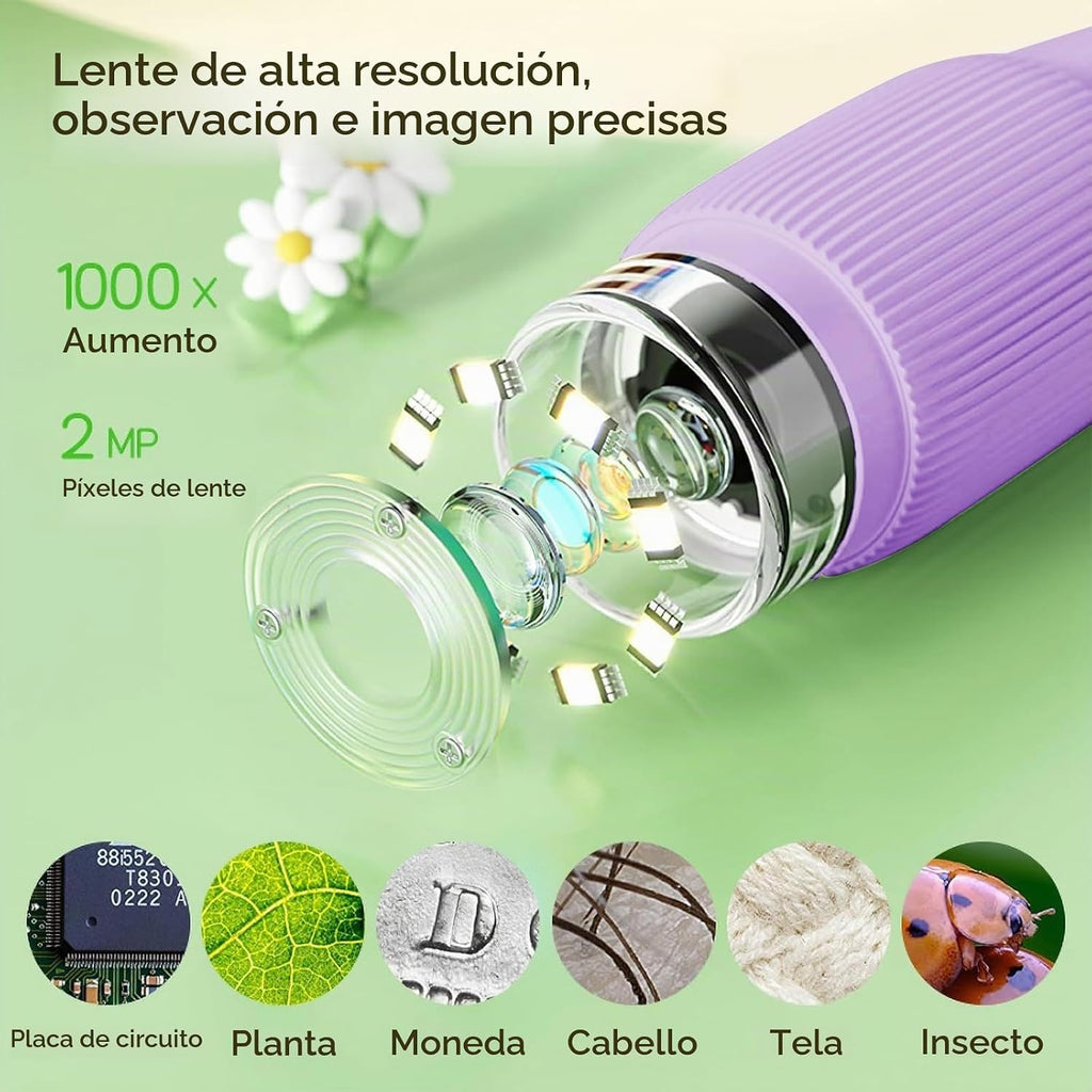 Microscopio de bolsillo para niños, microscopio portátil 1000X para niños | Mini microscopios de foto y video | Microscopios digitales de 2 pulgadas para niños de 3 a 10 años de edad, juguetes de regalos