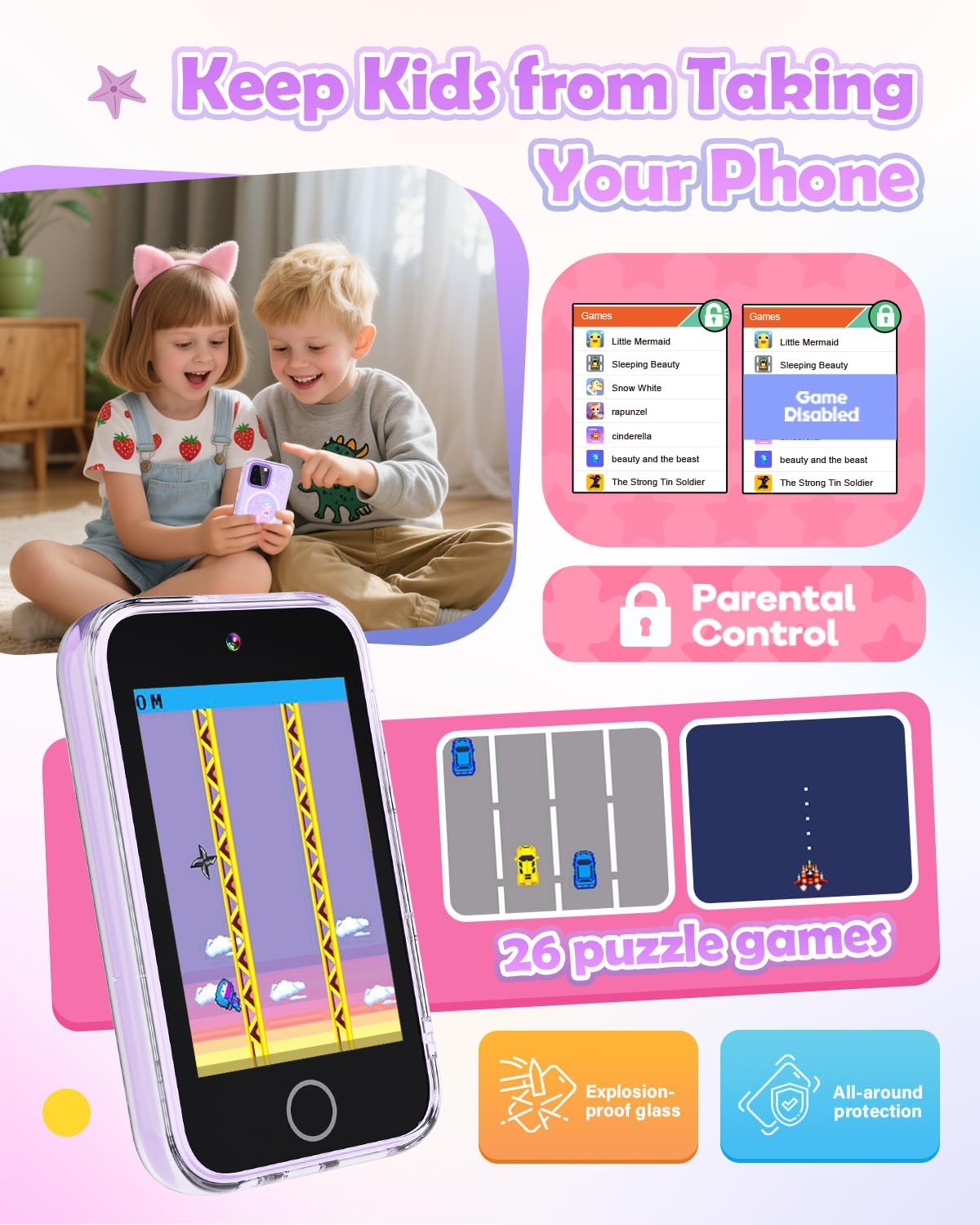 Dylanto Teléfono para niños, teléfono con pantalla táctil de 3.5 pulgadas para niños, juguetes de aprendizaje para niñas de 3 a 9 años con doble cámara, reproductores de video, juegos, regalos de cumpleaños de Navidad para niñas de 3, 4, 5, 6, 7, 8, 9, co
