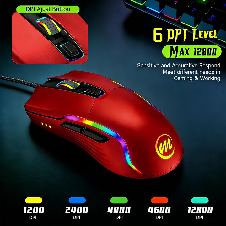 memzuoix Mouse para juegos con cable RGB - 6 DPI ajustables hasta 1...