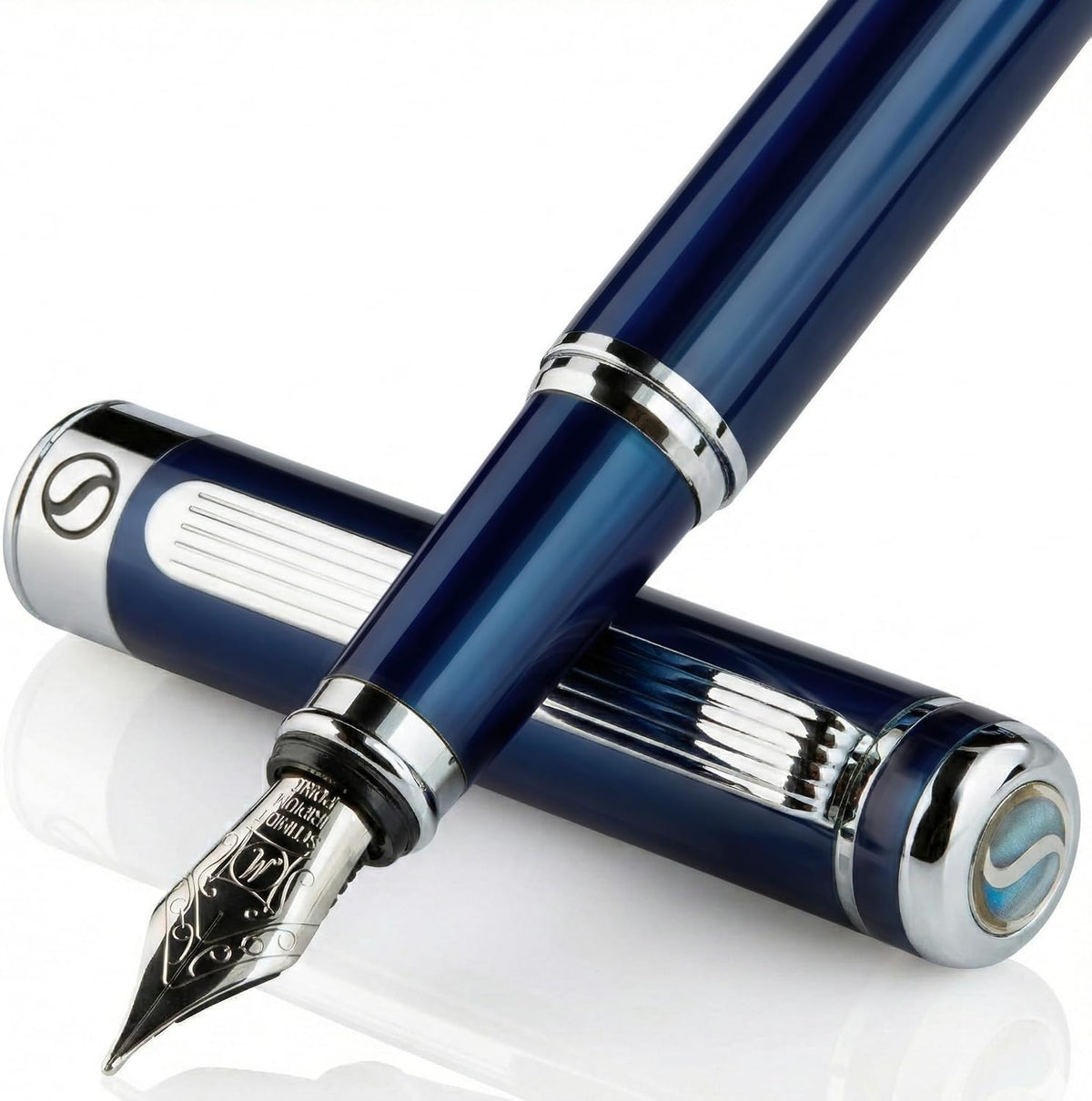 Pluma fuente Scriveiner Midnight Azul – Impresionante pluma de lujo con acabado cromado, punta Schmidt (mediana), el mejor juego de regalo para hombres y mujeres, profesionales, ejecutivos, oficina