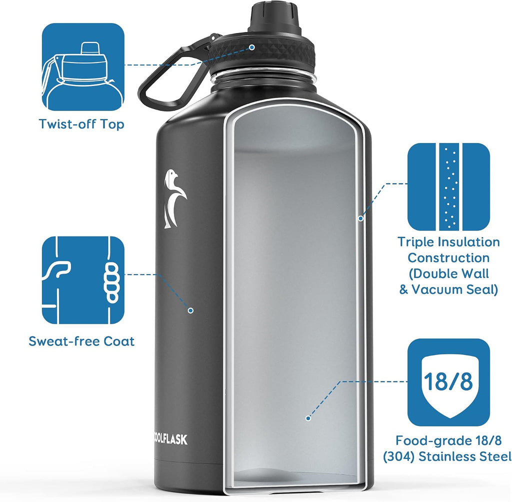 Coolflask Botella de agua de 128 onzas aislada con popote y 3 tapas a