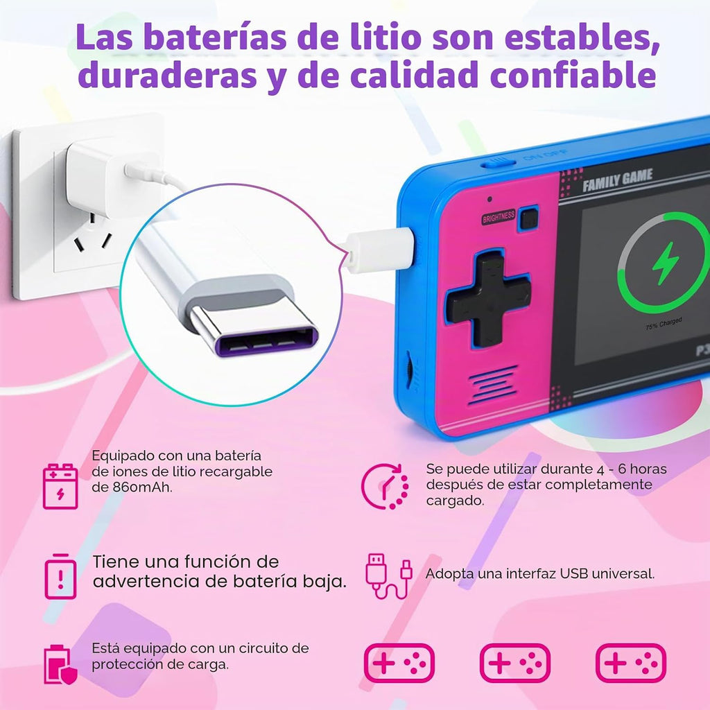 Juego de mano para niños, 220 videojuegos de 32 bits integrados, pantalla IPS de 3.0 pulgadas, juego portátil recargable, mini arcade de viaje, juguetes electrónicos de regalo para niños