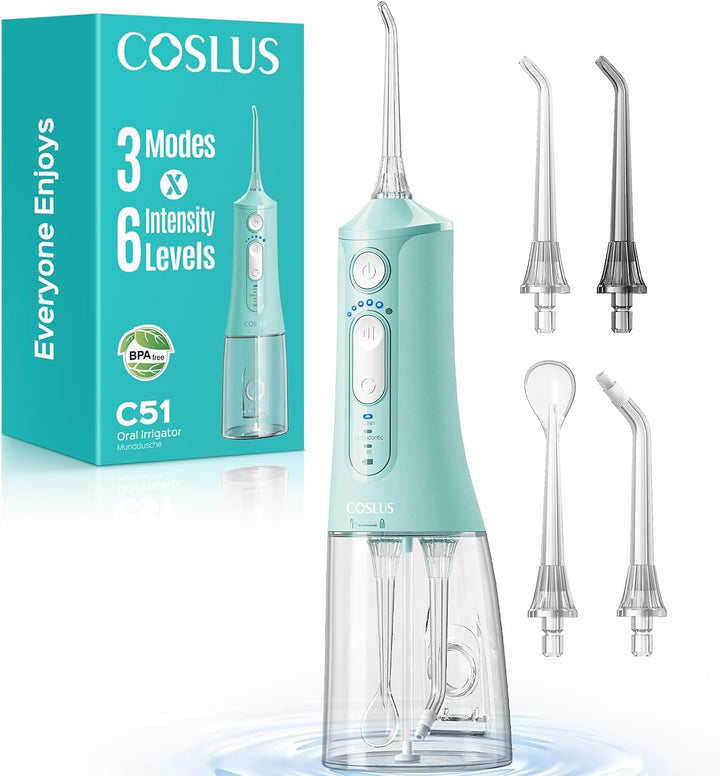 COSLUS Irrigador de agua portátil para dientes: 3 modos y 6 ajustes...