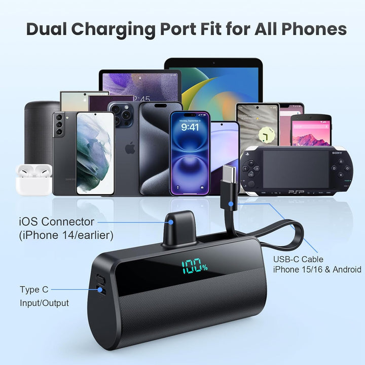 Cargador portátil mini para iPhone con cable USB C incorporado, bat...