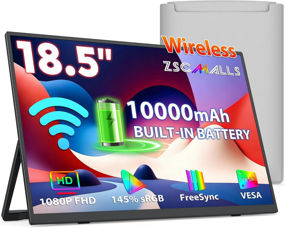 Monitor portátil inalámbrico verdadero de 18.5 pulgadas, 1080P FHD, batería de 10000 mAh, espejo de pantalla inalámbrico (AirPlay/Miracast), rotación automática para teléfono/tableta, USB C y mini HDMI, VESA, funda protectora incluida