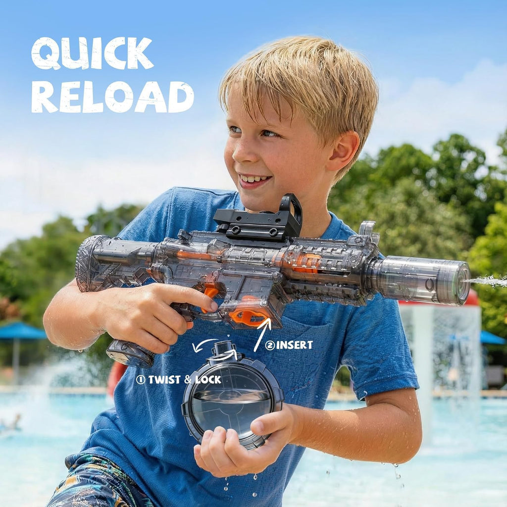 Pistola de agua eléctrica, adecuada para niños y adultos, tanque de agua de gran capacidad, luz LED con efecto de llama bozal, piscina al aire libre, juguete de batalla de playa (M416-azul)