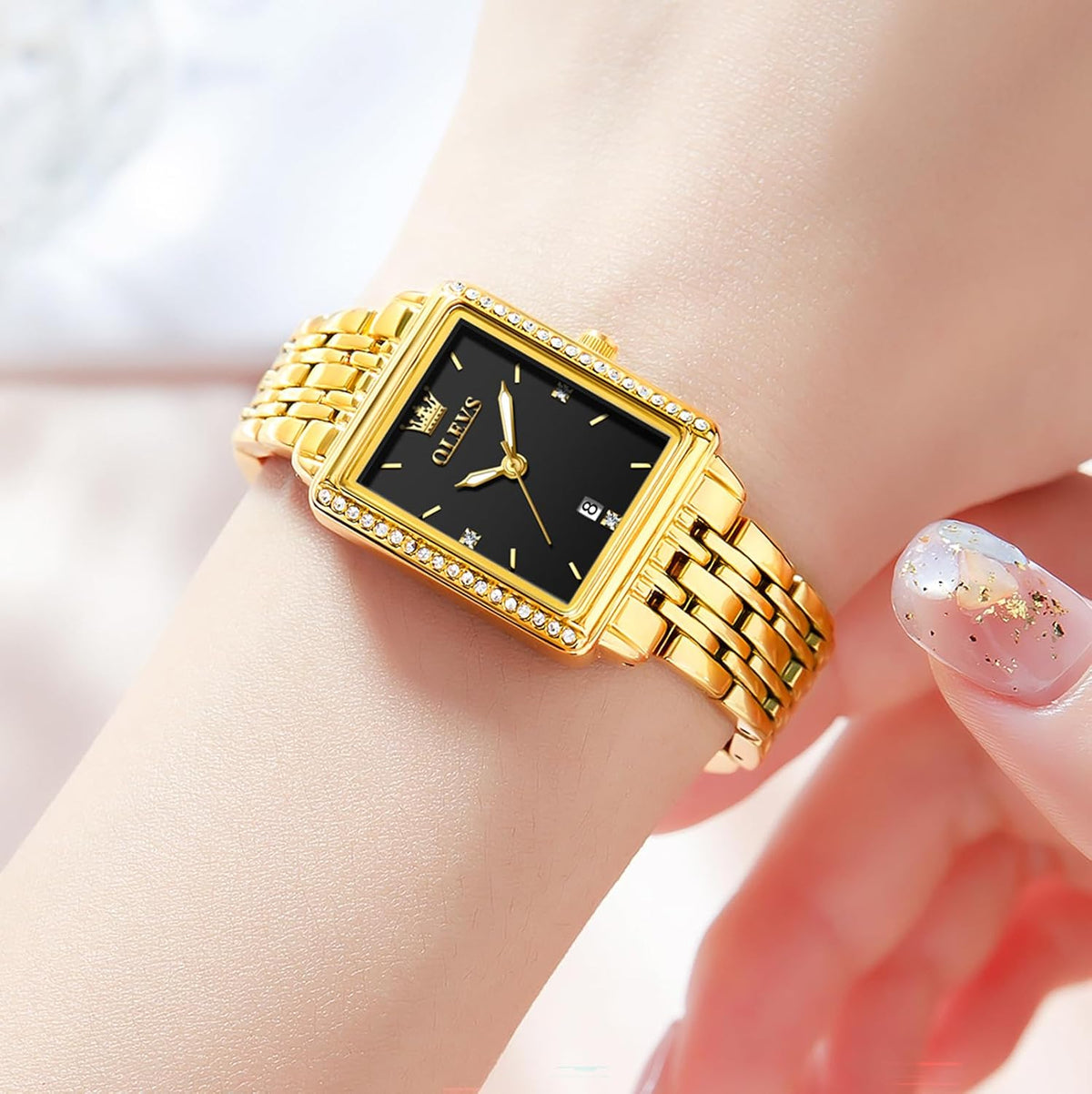 OLEVS Reloj de mujer de oro de acero inoxidable, reloj de cara cuadrada pequeña con decoración de diamantes, reloj de vestir de cuarzo analógico de lujo para mujer, reloj de pulsera impermeable con