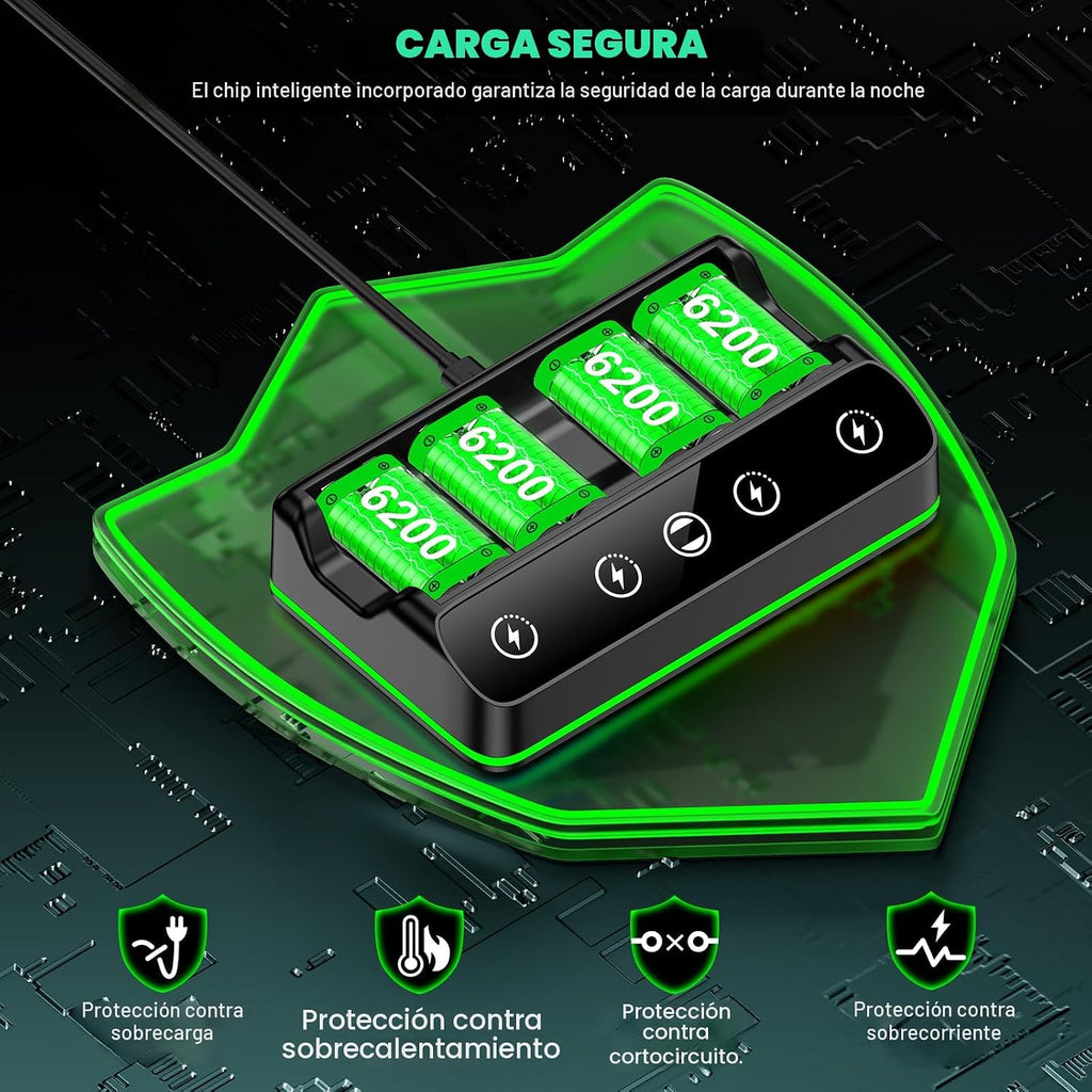 DINOSTRIKE Paquete de 4 baterías de 6200 mWh compatibles con estación de carga del controlador Xbox One/Series S/X. Cable USB C extendido: batería recargable para Xbox