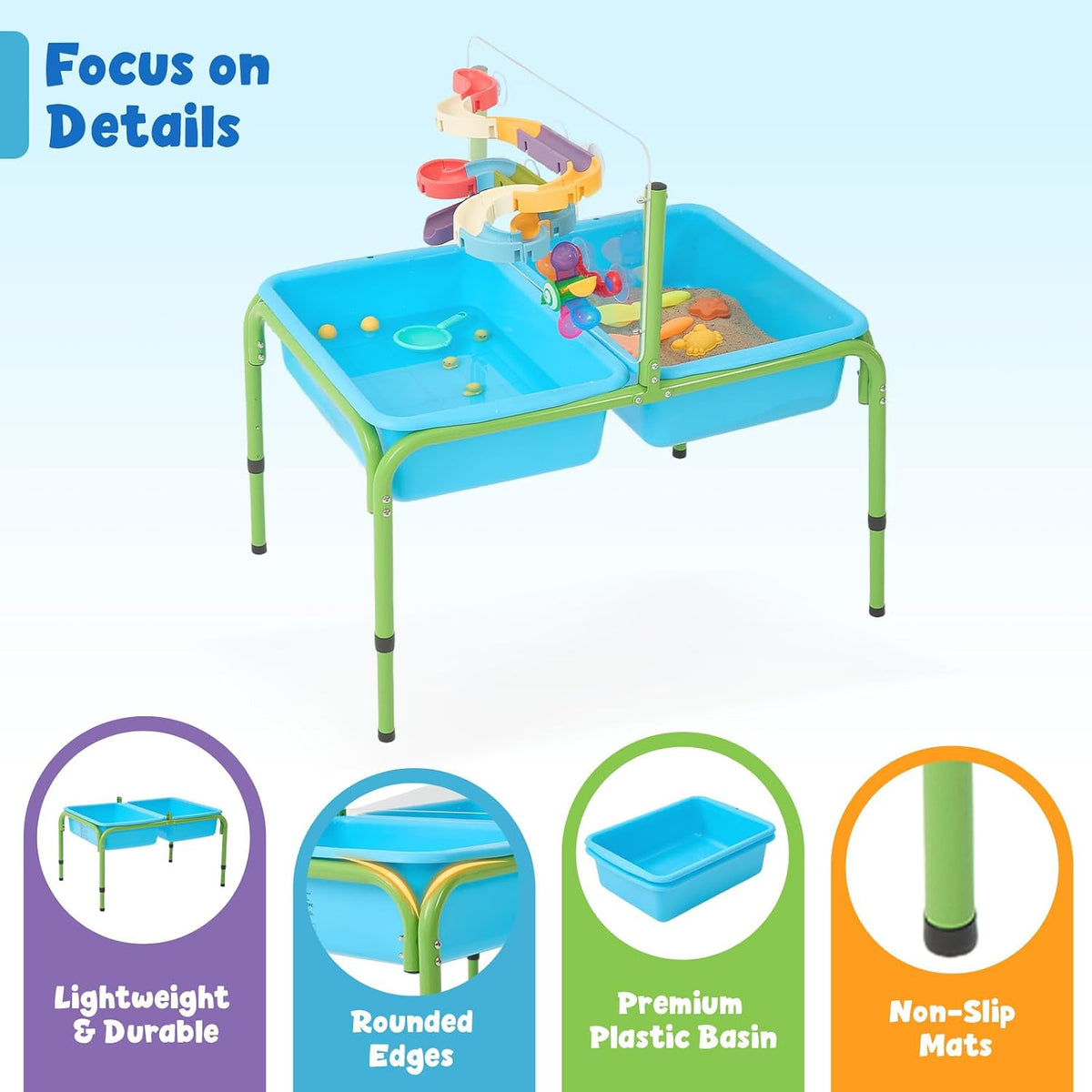 FUNLIO Mesa de agua de arena para niños pequeños, mesa sensorial 4 en 1 de altura ajustable para edades de 3 a 6 años, 2 contenedores de almacenamiento, panel acrílico y 16 accesorios, uso en