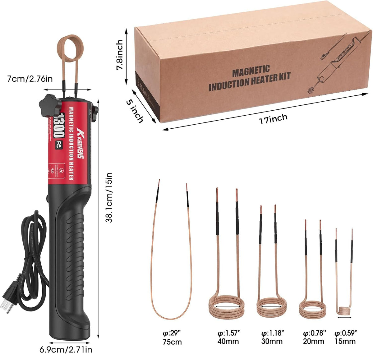 Induction Heater 1300W 110V Eliminación de pernos, Herramienta de calefacción inductiva magnética de mano con 5 bobinas para retiro de tornillos oxidados, Rojo