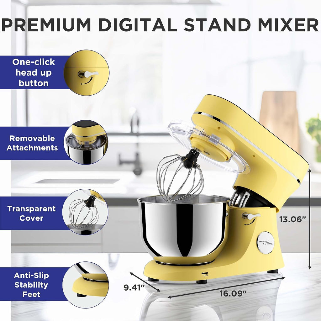 Magnavox Home, Batidora de pie digital con pantalla táctil de 6.3 cuartos de galón, 11 velocidades, amarillo