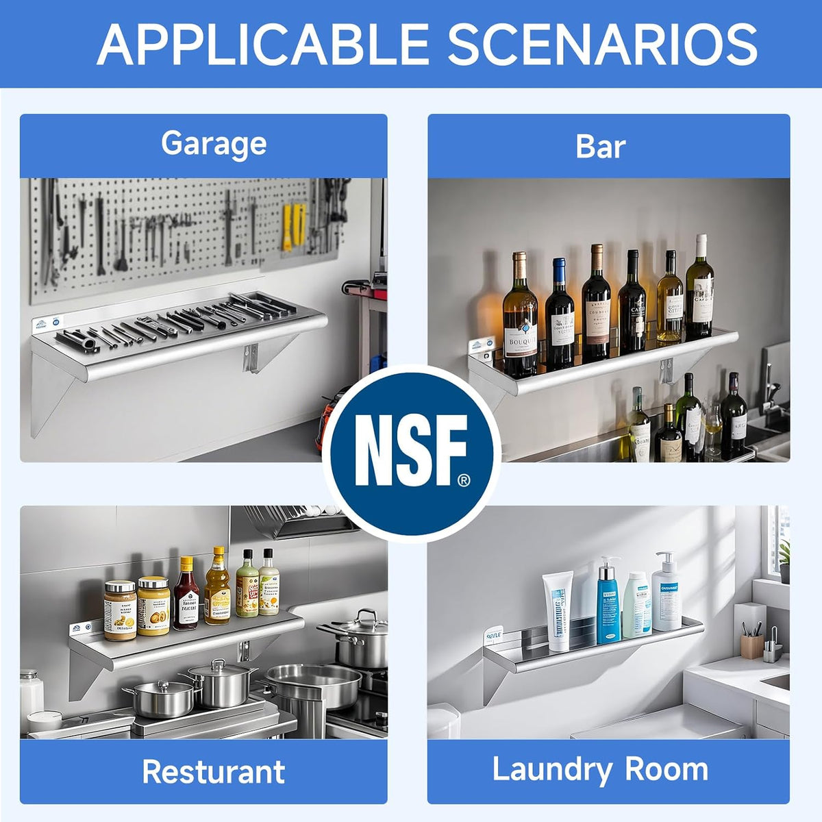 ROCKPOINT Estante de acero inoxidable de 12 x 48 pulgadas, 350 libras, paquete de 2 estantes flotantes de montaje en pared comercial NSF con protector contra salpicaduras para restaurante, cocina