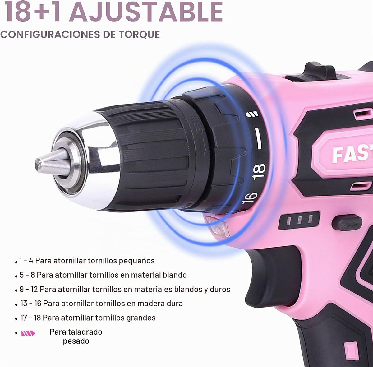 FASTPRO Juego de taladro rosa de 20 V para mujeres, kit de herramientas