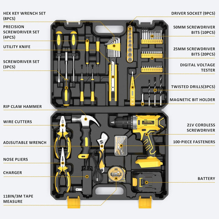 Sundpey Kit de herramientas con taladro de 21 V \u2013 170 piezas p...