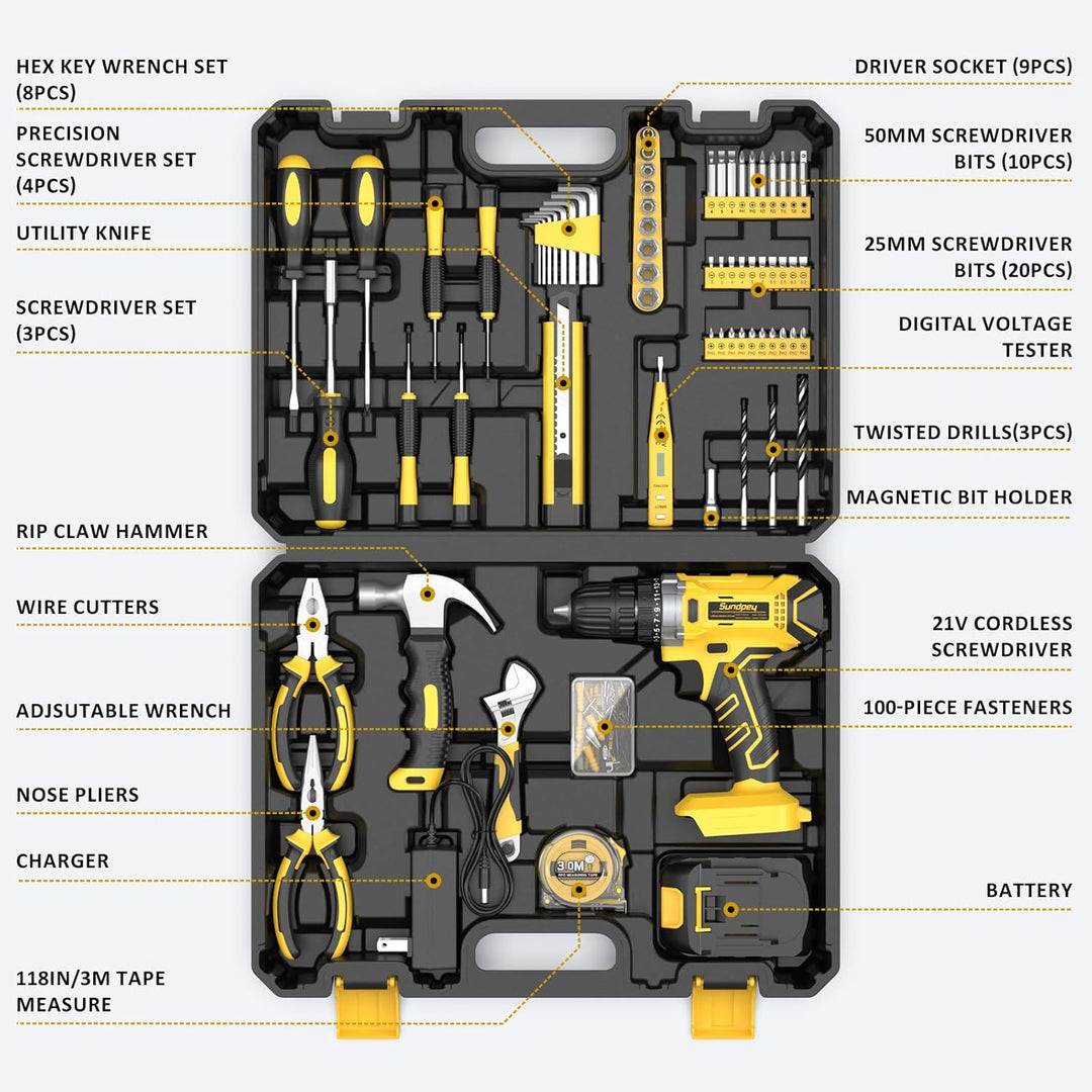 Sundpey Kit de herramientas con taladro de 21 V \u2013 170 piezas p...
