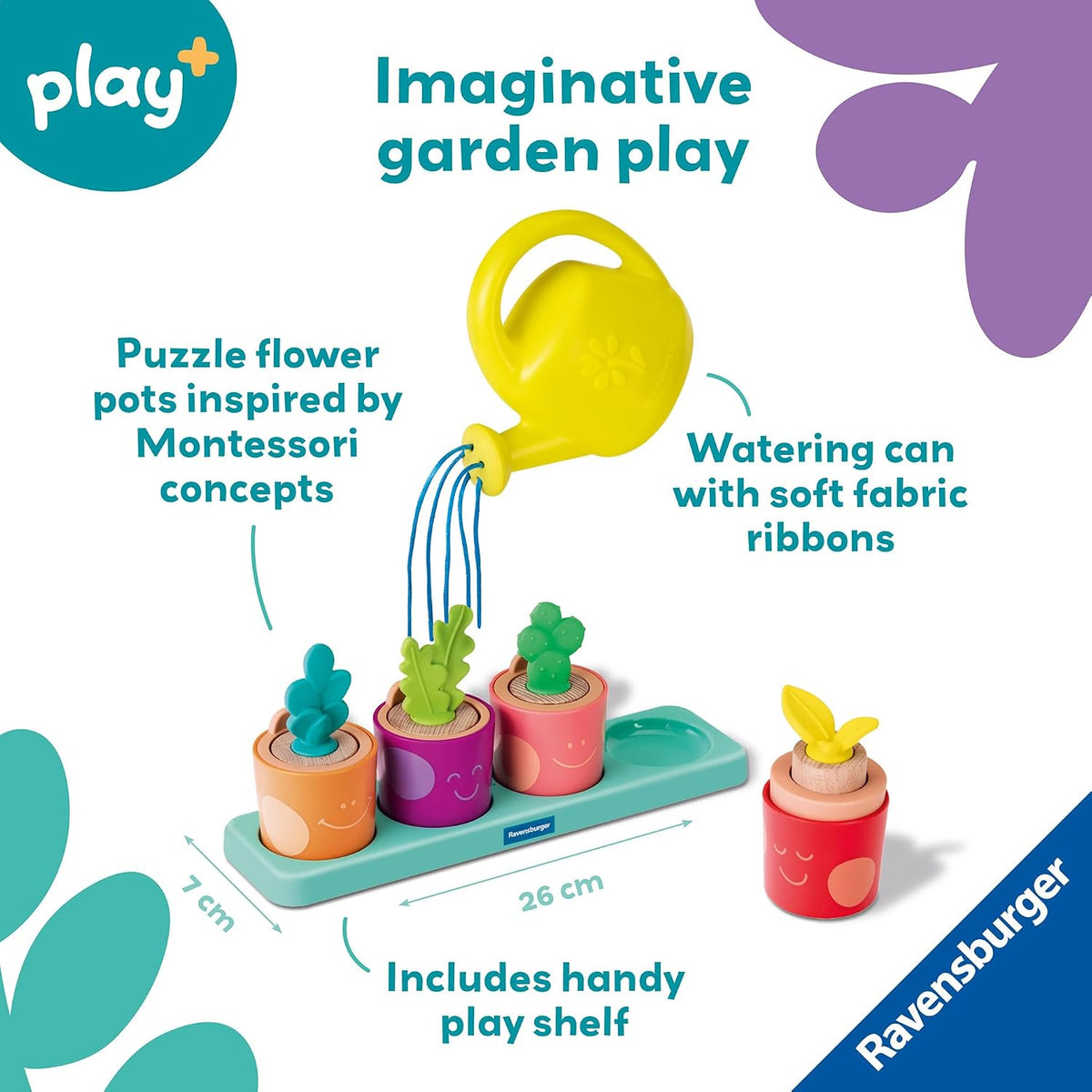 Ravensburger Juego de rompecabezas y juego de Play+ - My Little Plants - Juego de clavijas Montessori de clasificación y apilamiento de madera para niños pequeños